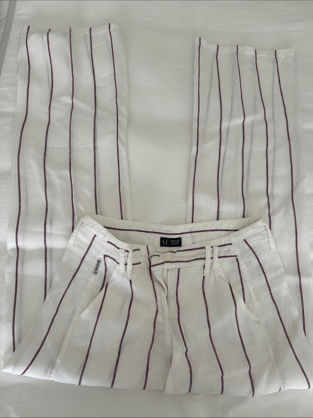 Armani Jeans White Linen Pants with Maroon Pinstripes